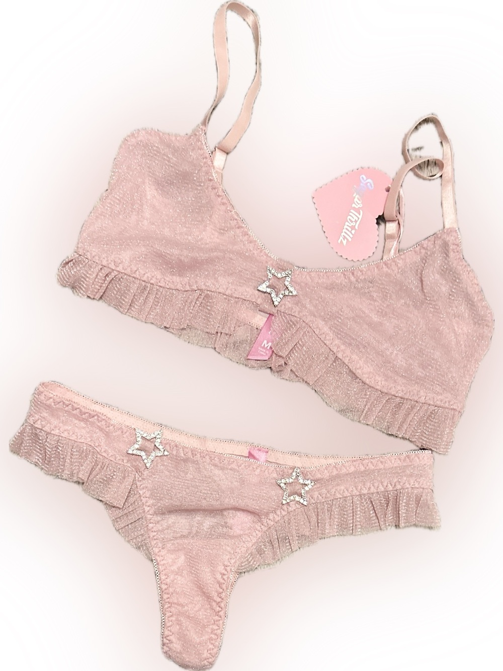 NWT Sugar Thrillz Pink Mesh Star Sparkle Lingerie Set M Dolls Kill Bra Panties